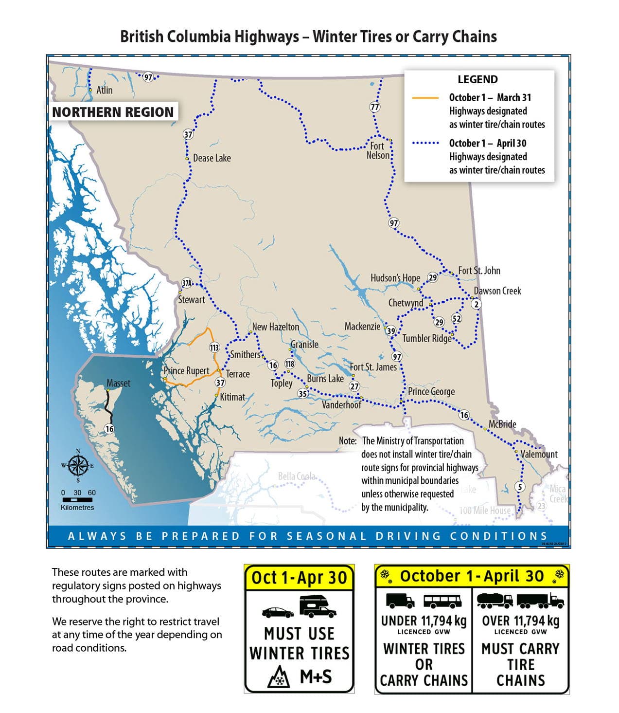 Northern Region map of winter tires and chains requirements