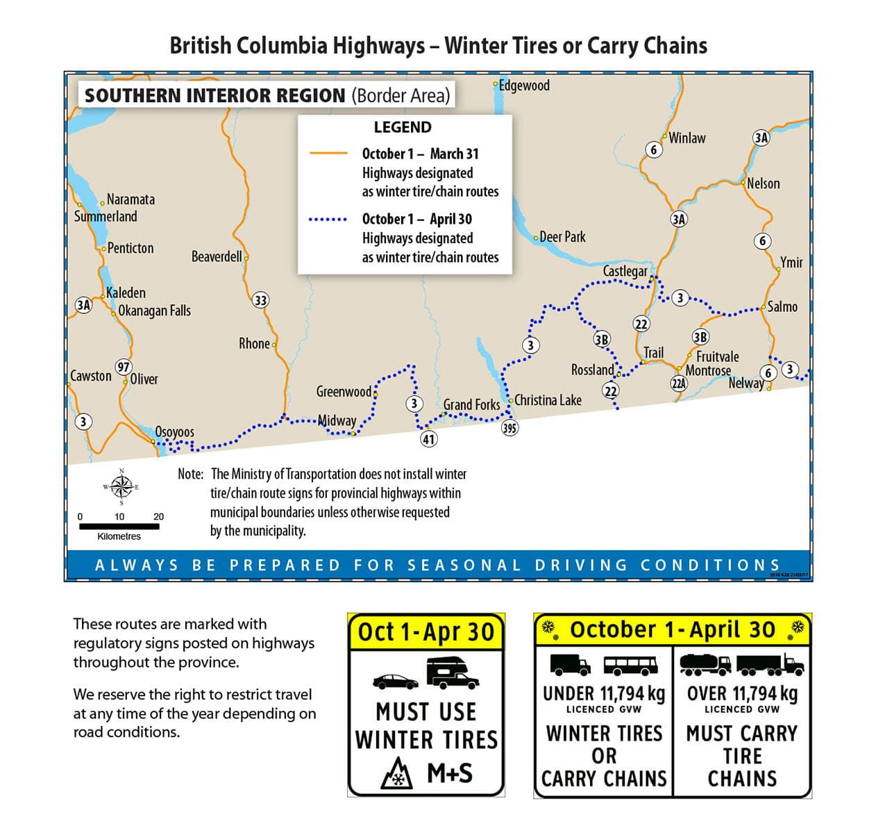 Southern Interior Region Border Inset map of winter tire and chains requirements