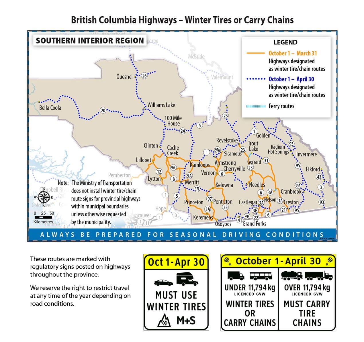 Southern Interior Region map of winter tire and chains requirements